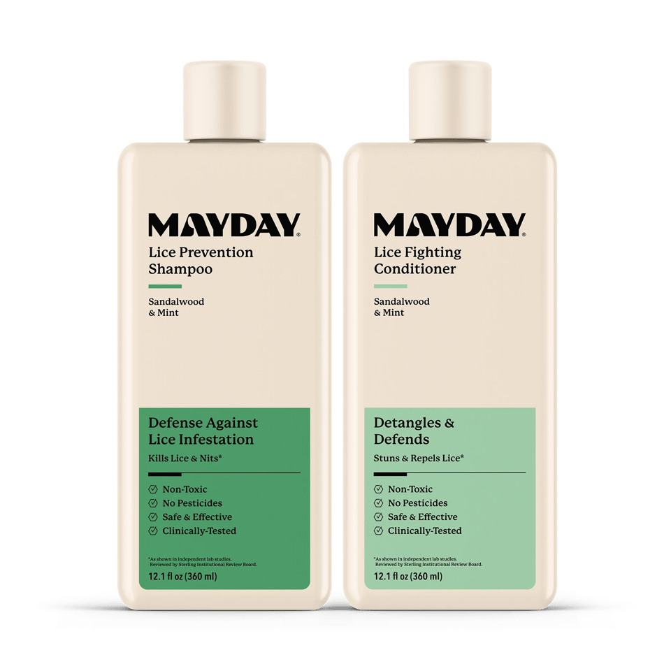 MAYDAY Lice Prevention Shampoo and Lice Fighting Conditioner bottles