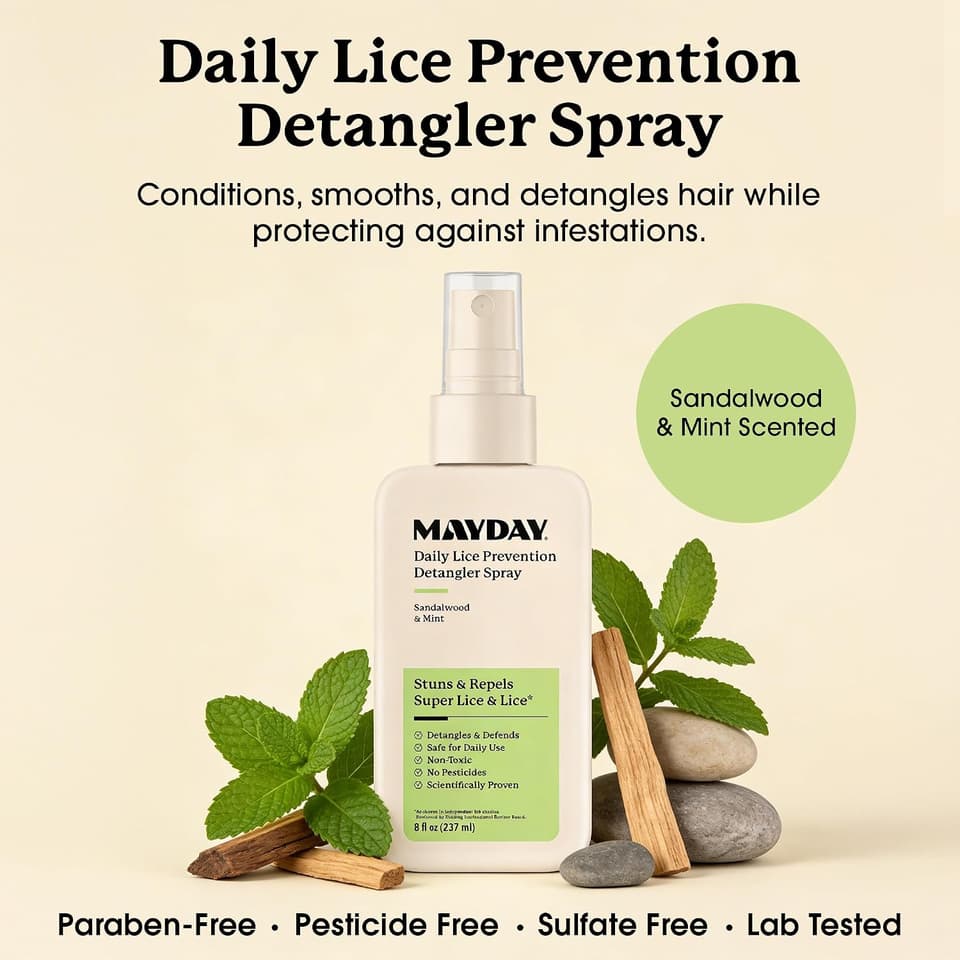 Daily Lice Prevention Detangler Spray with mint, sandalwood and stones: paraben-free, pesticide-free, sulfate-free, lab tested