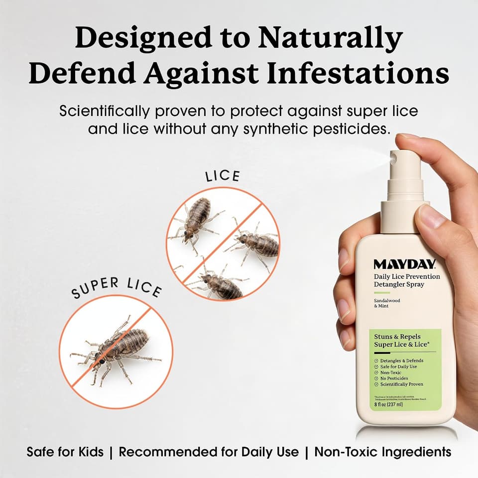 Hand holding the detangler spray beside crossed-out illustrations of lice and super lice