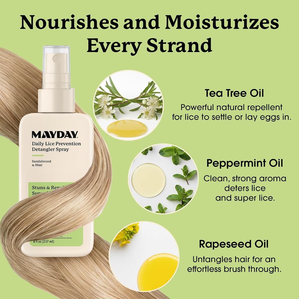 Detangler spray with a strand of hair and its tea tree, peppermint and rapeseed oils
