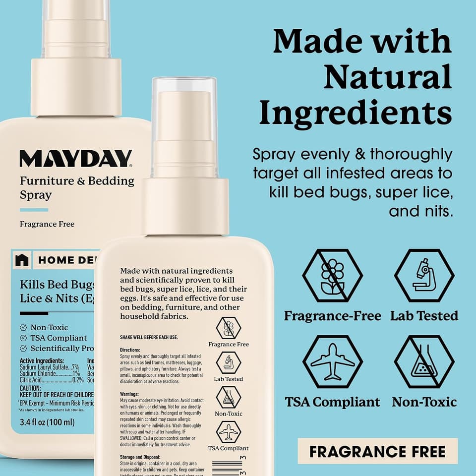 Front and back of the spray: fragrance-free, lab tested, TSA compliant, non-toxic