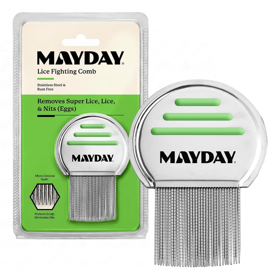 MAYDAY Lice Fighting Comb in its pack and out of it: a stainless steel comb with green stripes