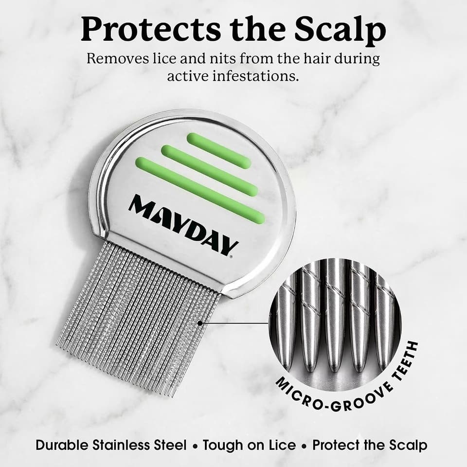 MAYDAY Lice Fighting Comb with a close-up of its micro-groove teeth, which protect the scalp