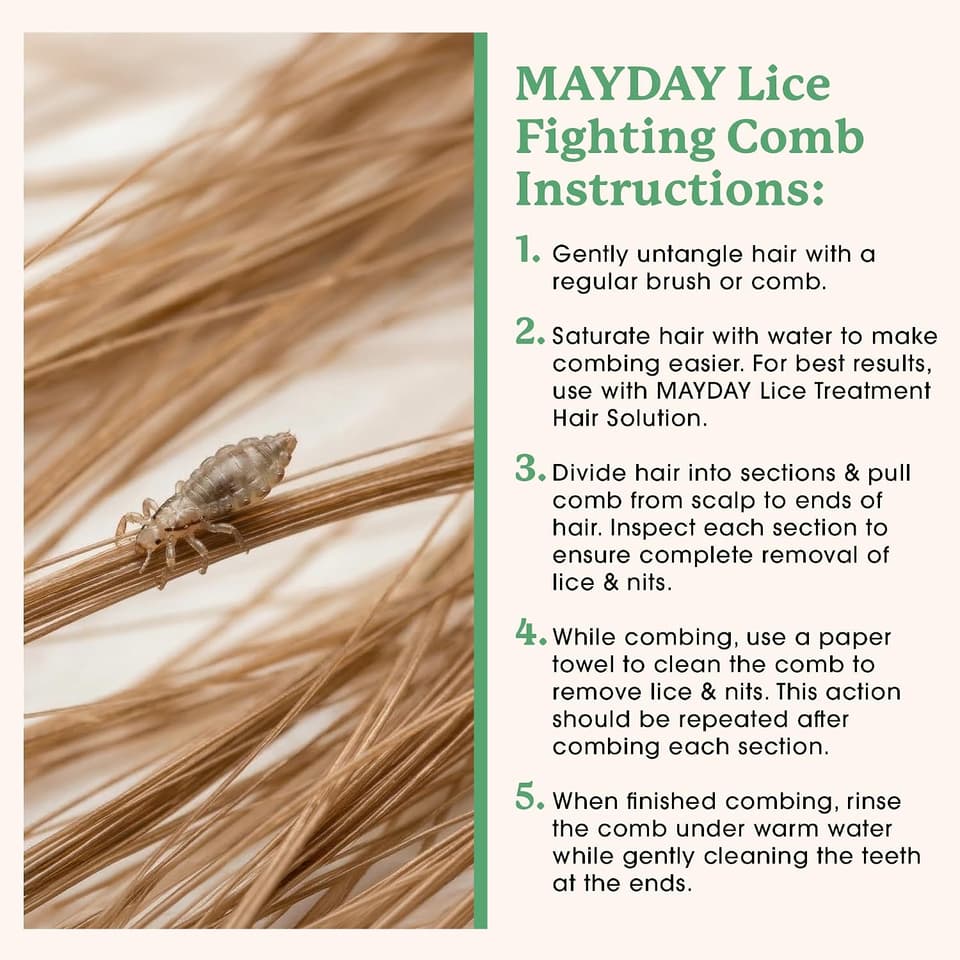 MAYDAY Lice Fighting Comb instructions in five steps, beside a louse on strands of hair