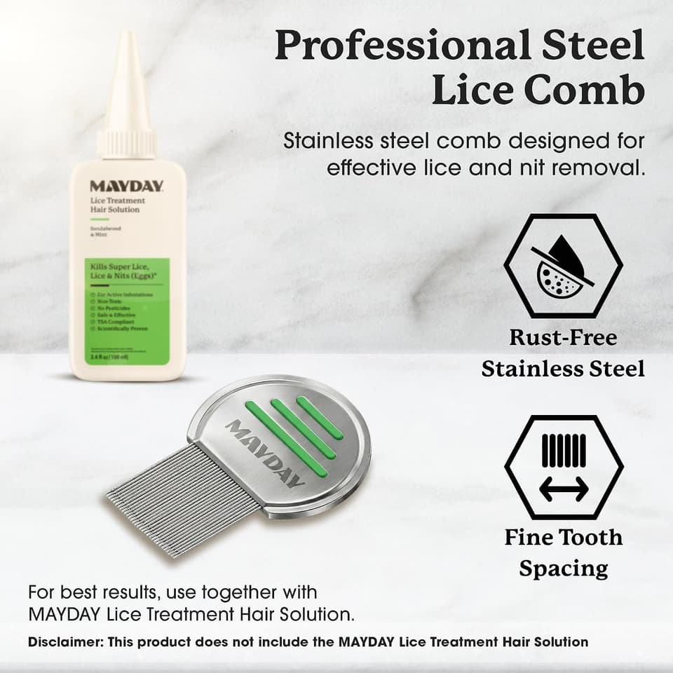 MAYDAY Lice Fighting Comb beside Lice Treatment Hair Solution, which is sold separately: rust-free stainless steel, fine tooth spacing