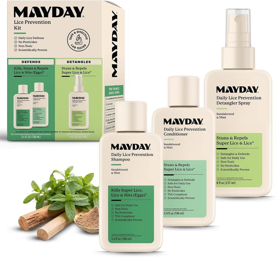 MAYDAY Lice Prevention Kit box with travel-size shampoo and conditioner and an 8 oz detangler spray