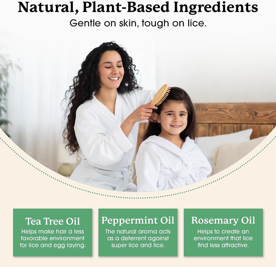 Mother brushing her daughter's hair, with notes on tea tree, peppermint and rosemary oils