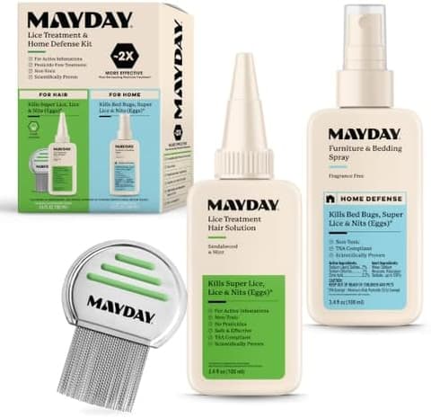 MAYDAY Lice Treatment & Home Defense Kit box with treatment solution, furniture and bedding spray, and a nit comb