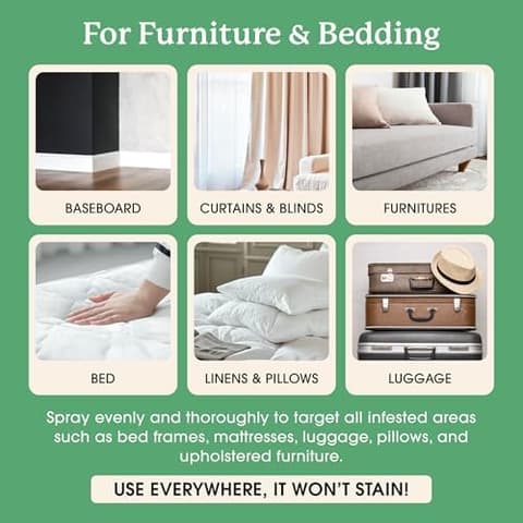 Where to use the furniture and bedding spray: baseboards, curtains, furniture, beds, linens and luggage