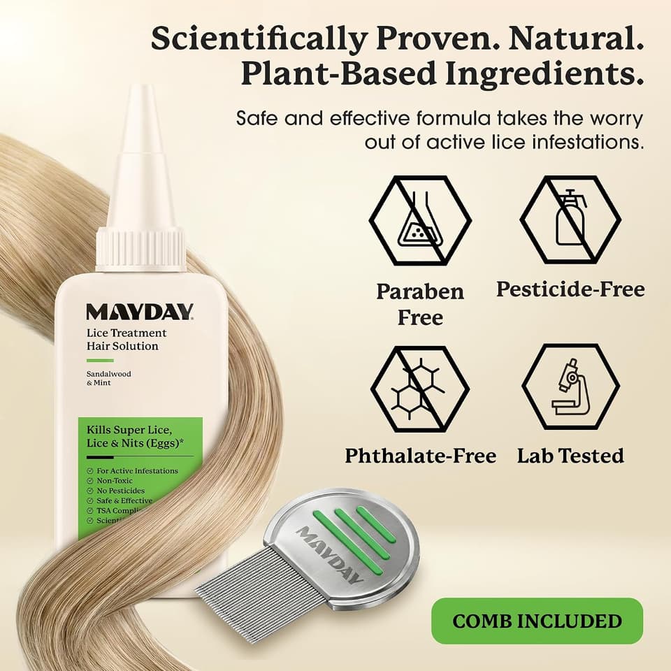 Treatment solution and nit comb with a strand of hair: paraben-free, pesticide-free, phthalate-free, lab tested