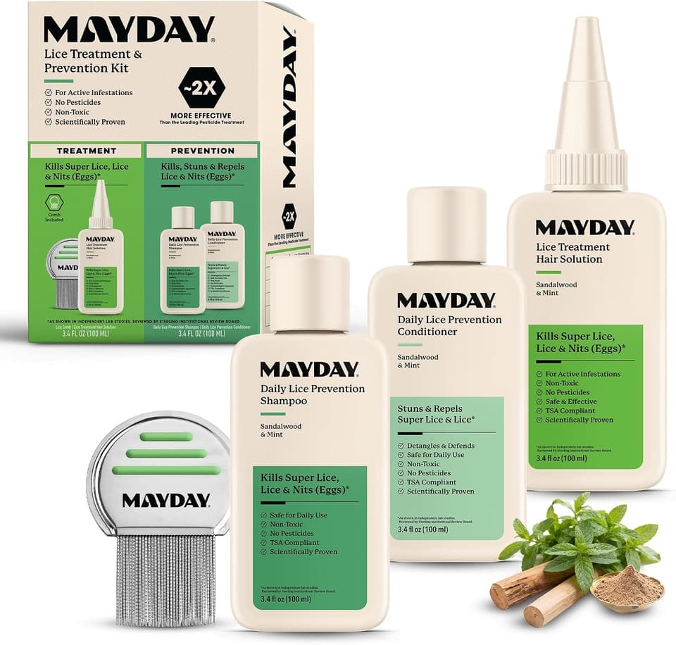 MAYDAY Lice Treatment & Prevention Kit box with treatment solution, prevention shampoo and conditioner, and a nit comb