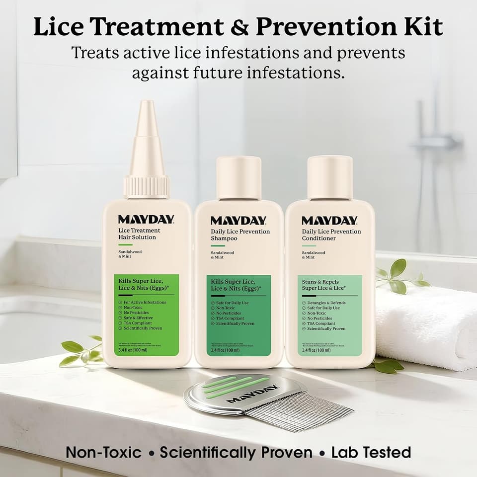 Treatment solution, shampoo, conditioner and nit comb on a bathroom counter