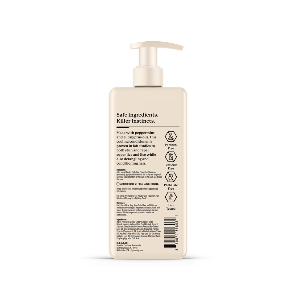Back of the MAYDAY Daily Lice Prevention Conditioner pump bottle