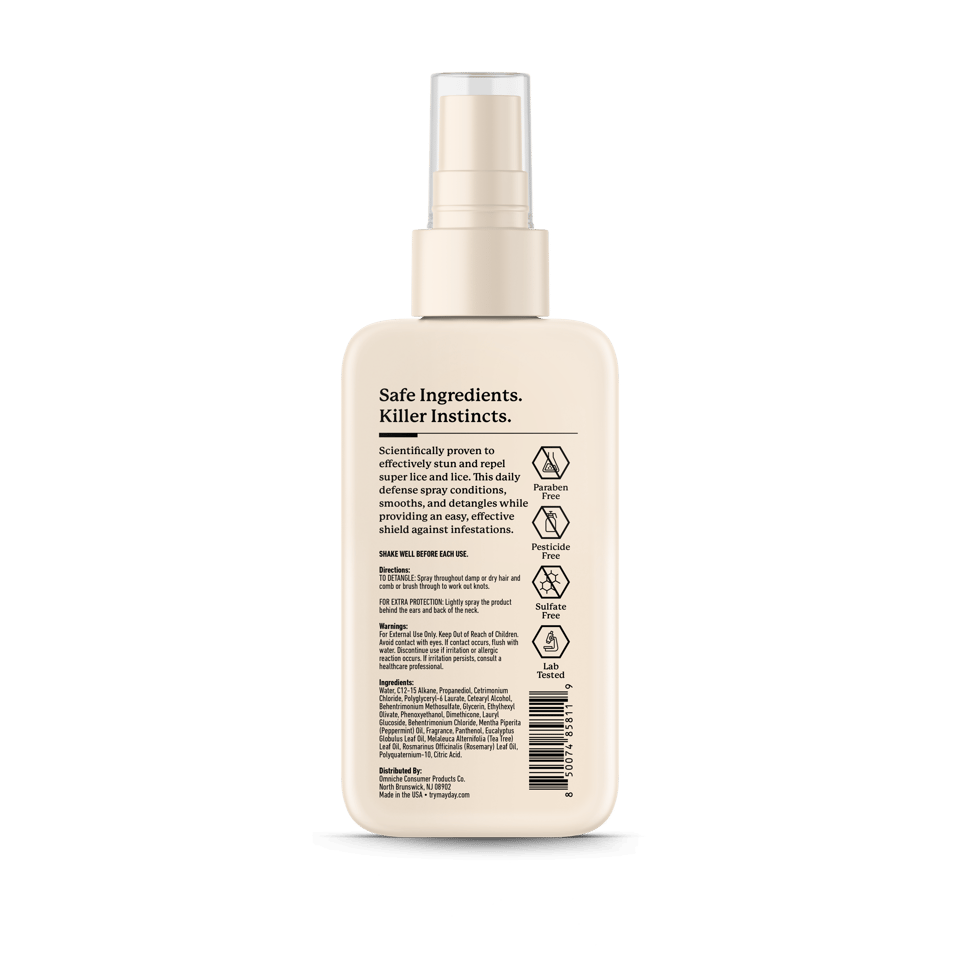 Back of the MAYDAY Daily Lice Prevention Detangler Spray bottle