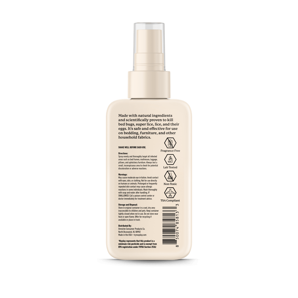 Back of the MAYDAY Furniture & Bedding Spray bottle