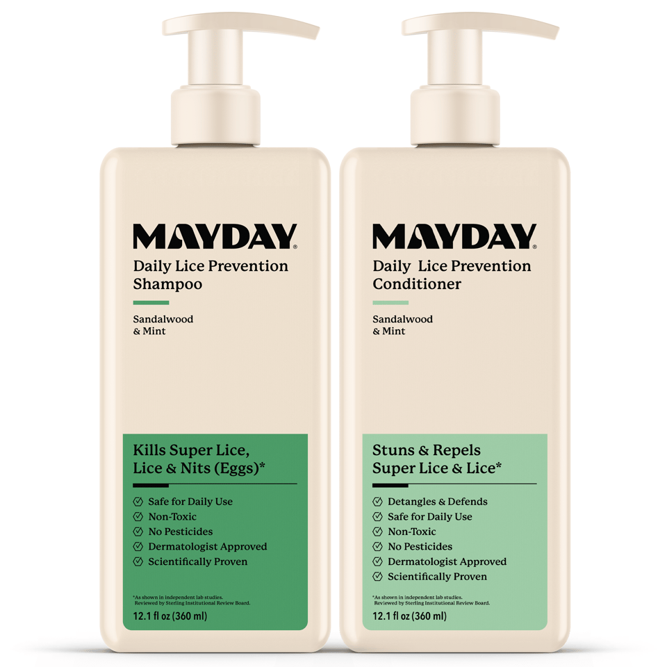 MAYDAY Daily Lice Prevention Shampoo and Conditioner pump bottles side by side