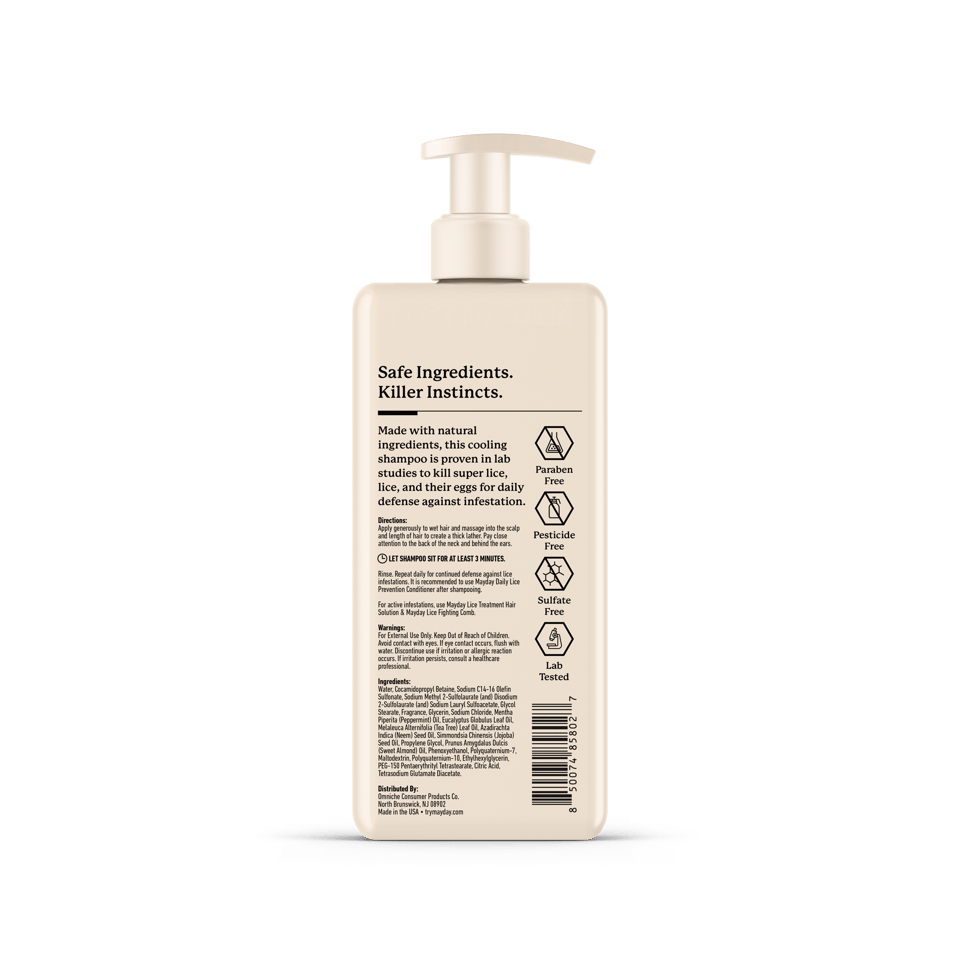 Back of the MAYDAY Daily Lice Prevention Shampoo pump bottle